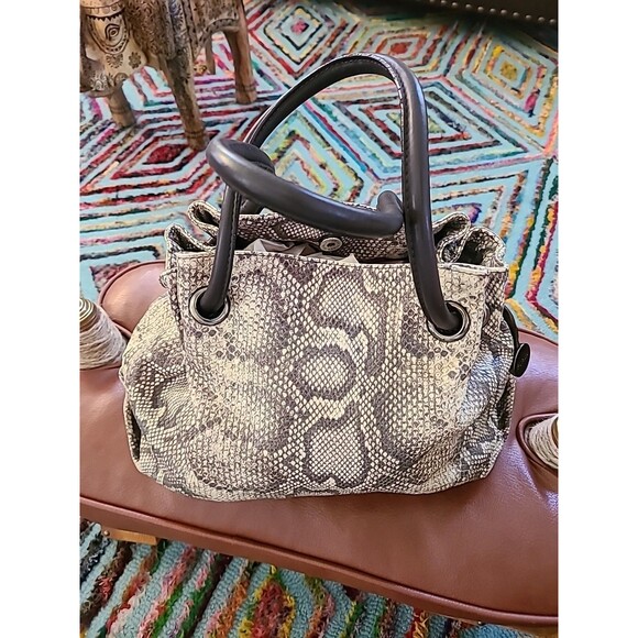 Vintage Furla Python Embossed Draw Leather Hand Bag Excell. Cond. Brown Neutral - Picture 1 of 12